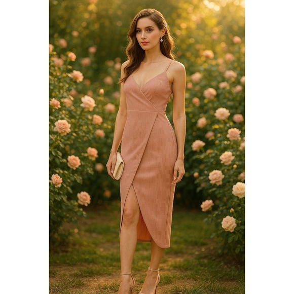 Lulus Blush Pink Pleated Wrap Midi Cocktail Dress Slit Formal Wedding M - Picture 9 of 9